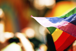 A rainbow flag, waving in the wind